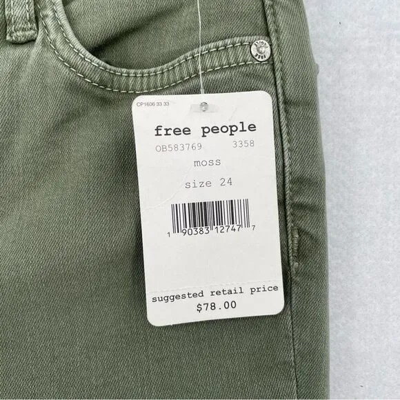 -Free People Women's Green Frayed Skinny Jeans NWT 24
