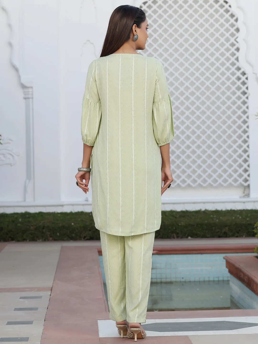 A Green Self Weave Rayon Co-Ord Set With Embroidered Kurta And Pants