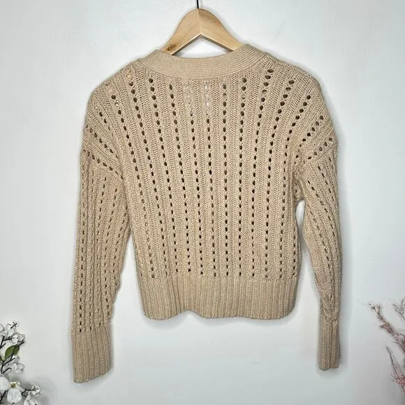 ABERCROMBIE &amp; FITCH Chunky Seed Stitch Crop Sweater Cardigan Tan Sz S {3X28}
