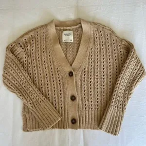 ABERCROMBIE &amp; FITCH Chunky Seed Stitch Crop Sweater Cardigan Tan Sz S {3X28}