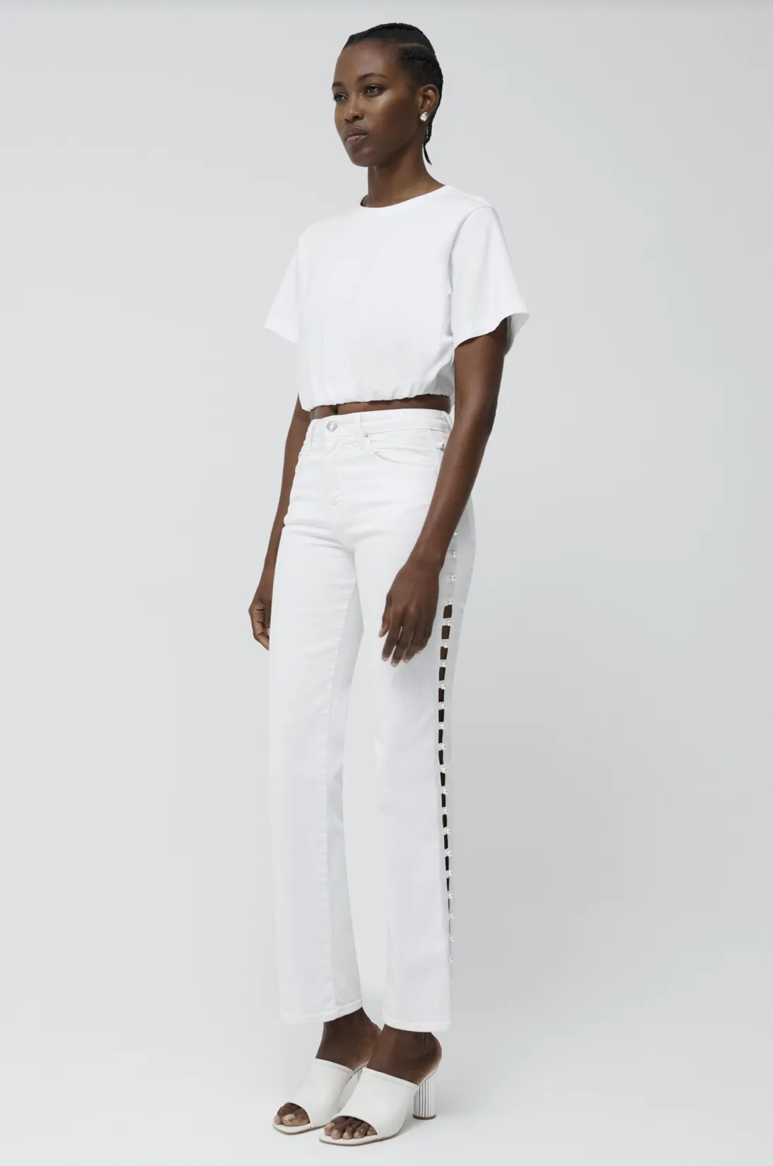 Amelia High Rise Pearl Embellished Denim in Ivory