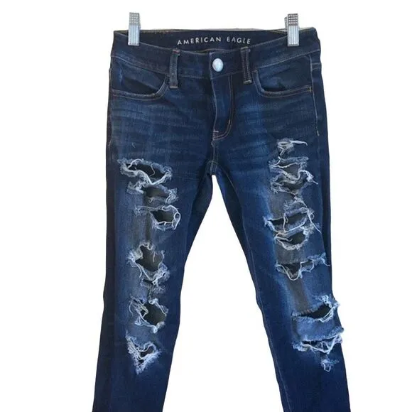 American Eagle Super Stretch Jeans Straight Leg Skinny Destroyed Distressed