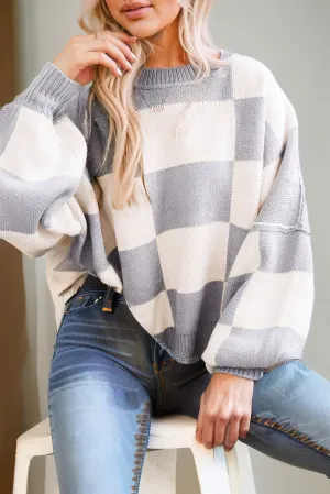 Ayan Plaid Exposed Seam Bishop Sleeve Sweater