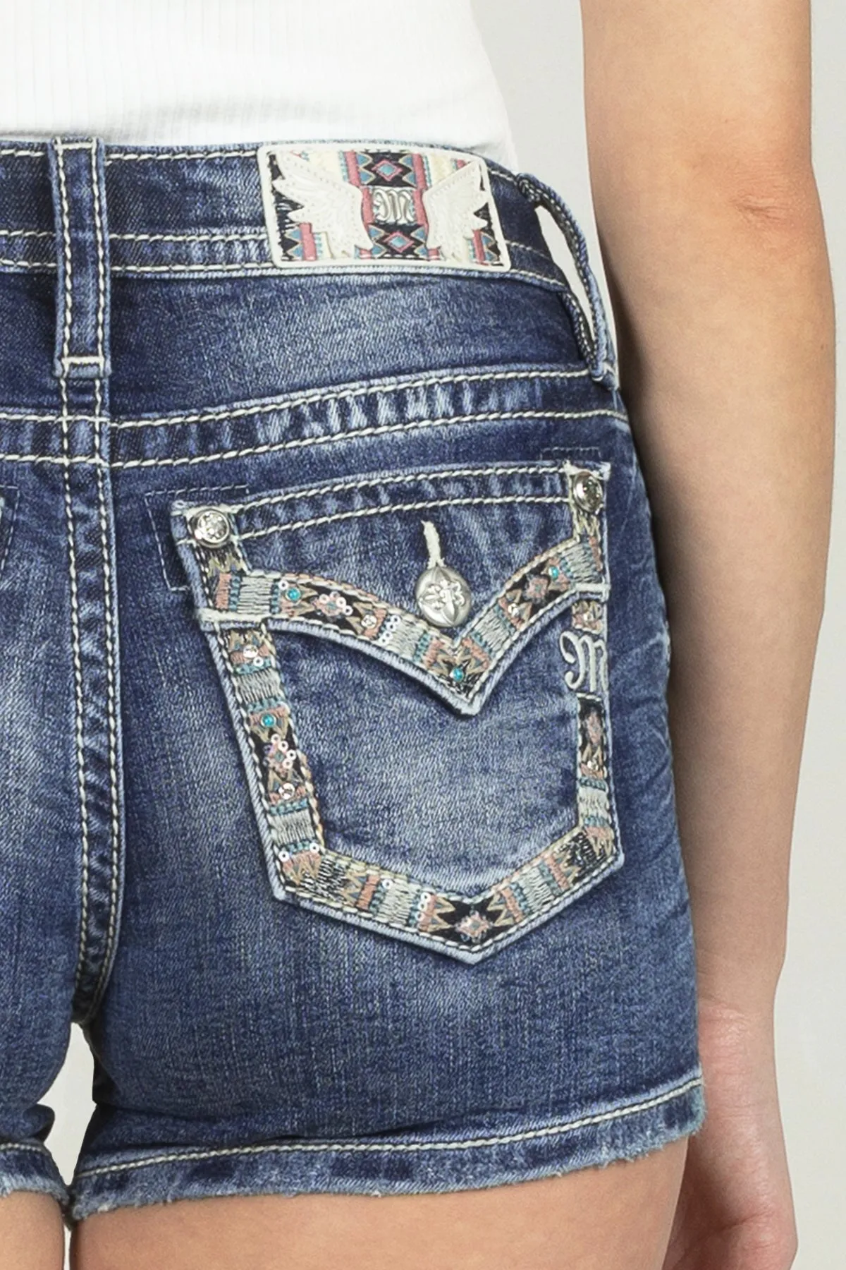 Aztec Border Denim Shorts