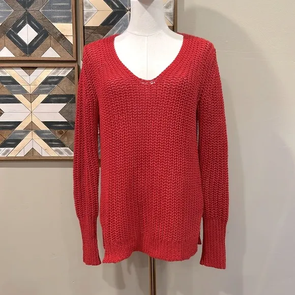 Banana Republic 100% Linen Chunky Knit V-Neck Sweater Red Small