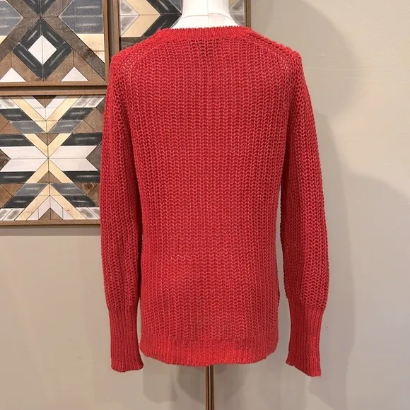 Banana Republic 100% Linen Chunky Knit V-Neck Sweater Red Small