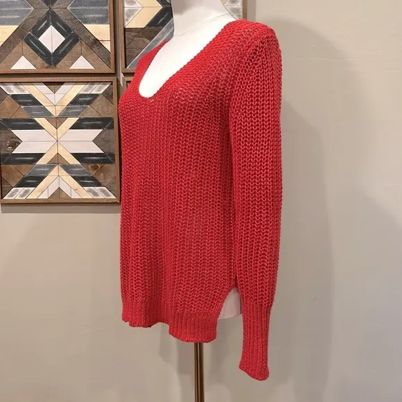 Banana Republic 100% Linen Chunky Knit V-Neck Sweater Red Small