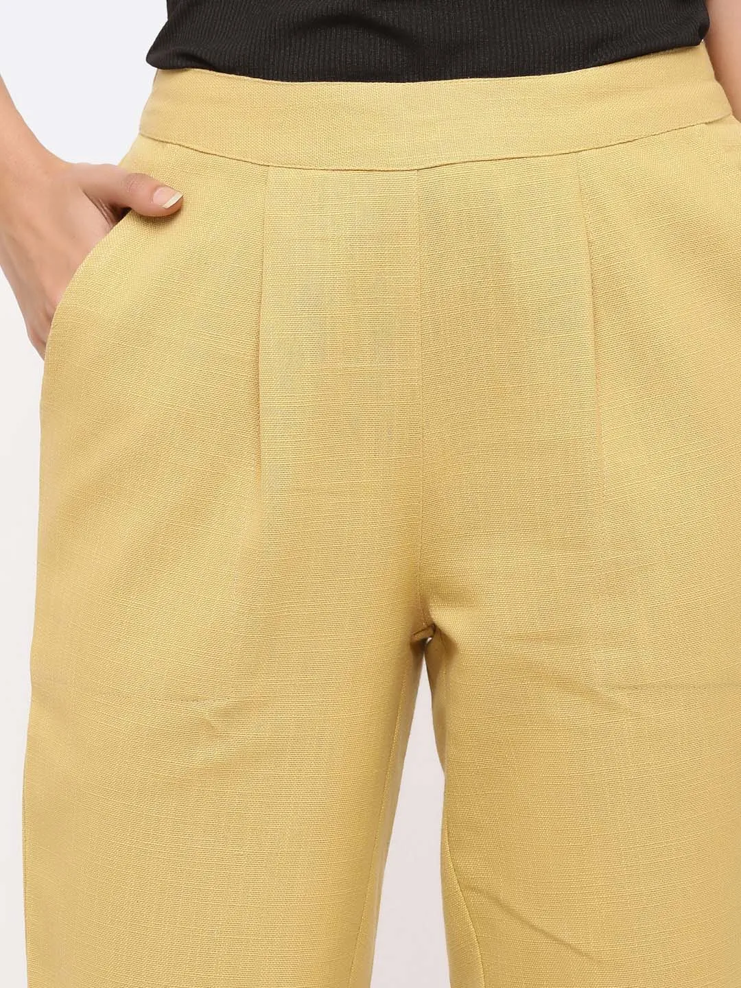 Beige Cotton Slub Bottom-Fold Straight Pants