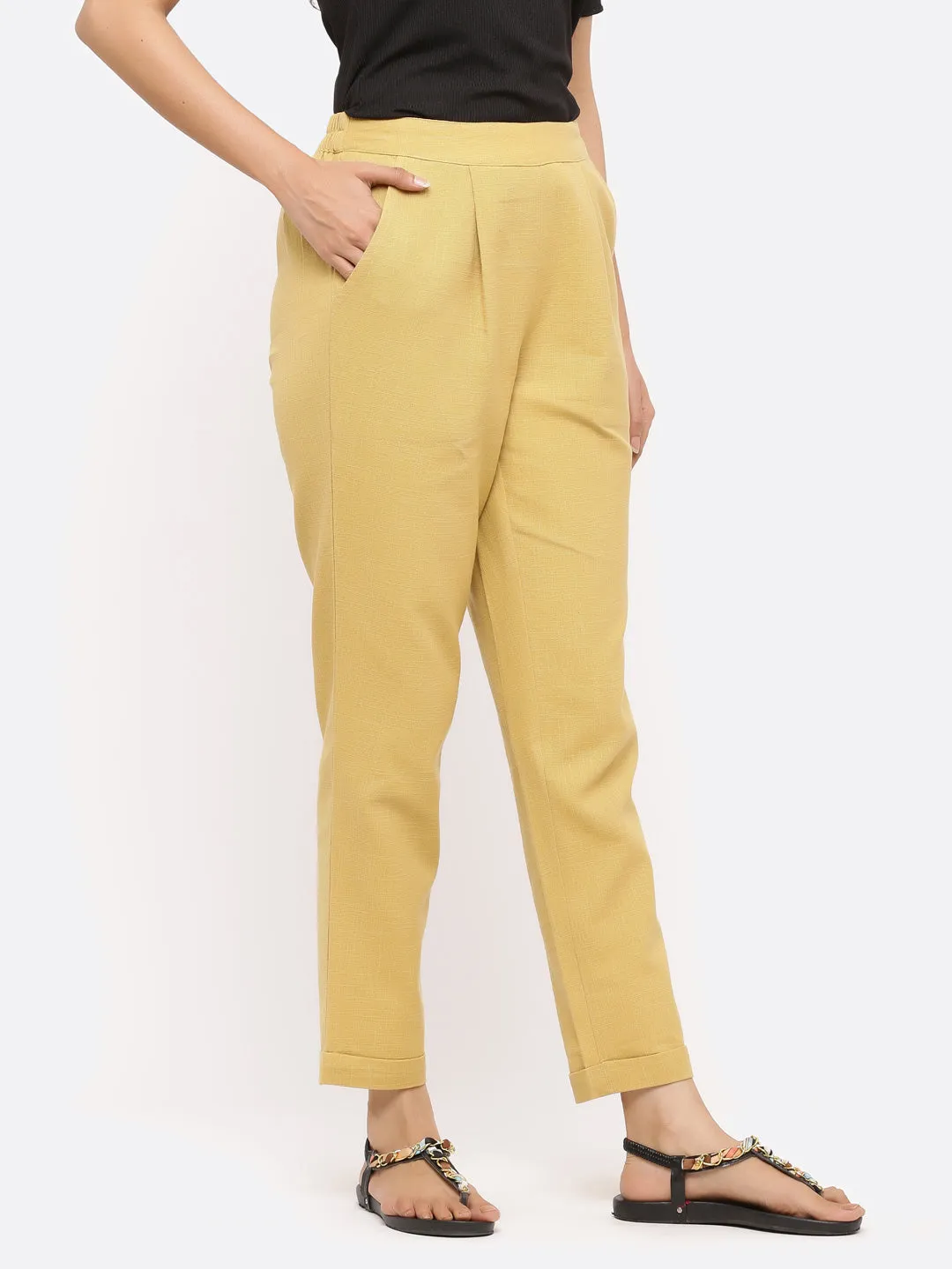 Beige Cotton Slub Bottom-Fold Straight Pants