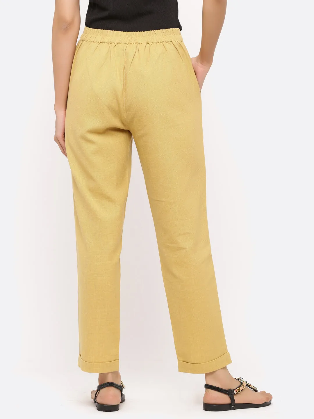 Beige Cotton Slub Bottom-Fold Straight Pants
