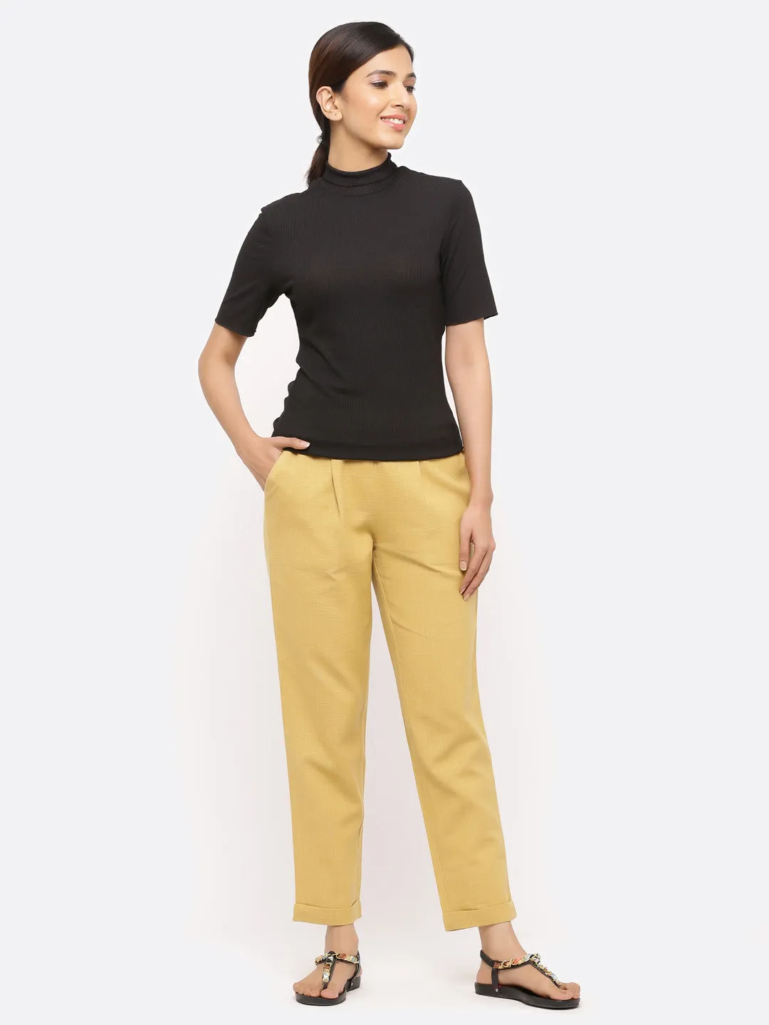 Beige Cotton Slub Bottom-Fold Straight Pants