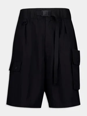 Black Crinkled Twill Cargo Shorts