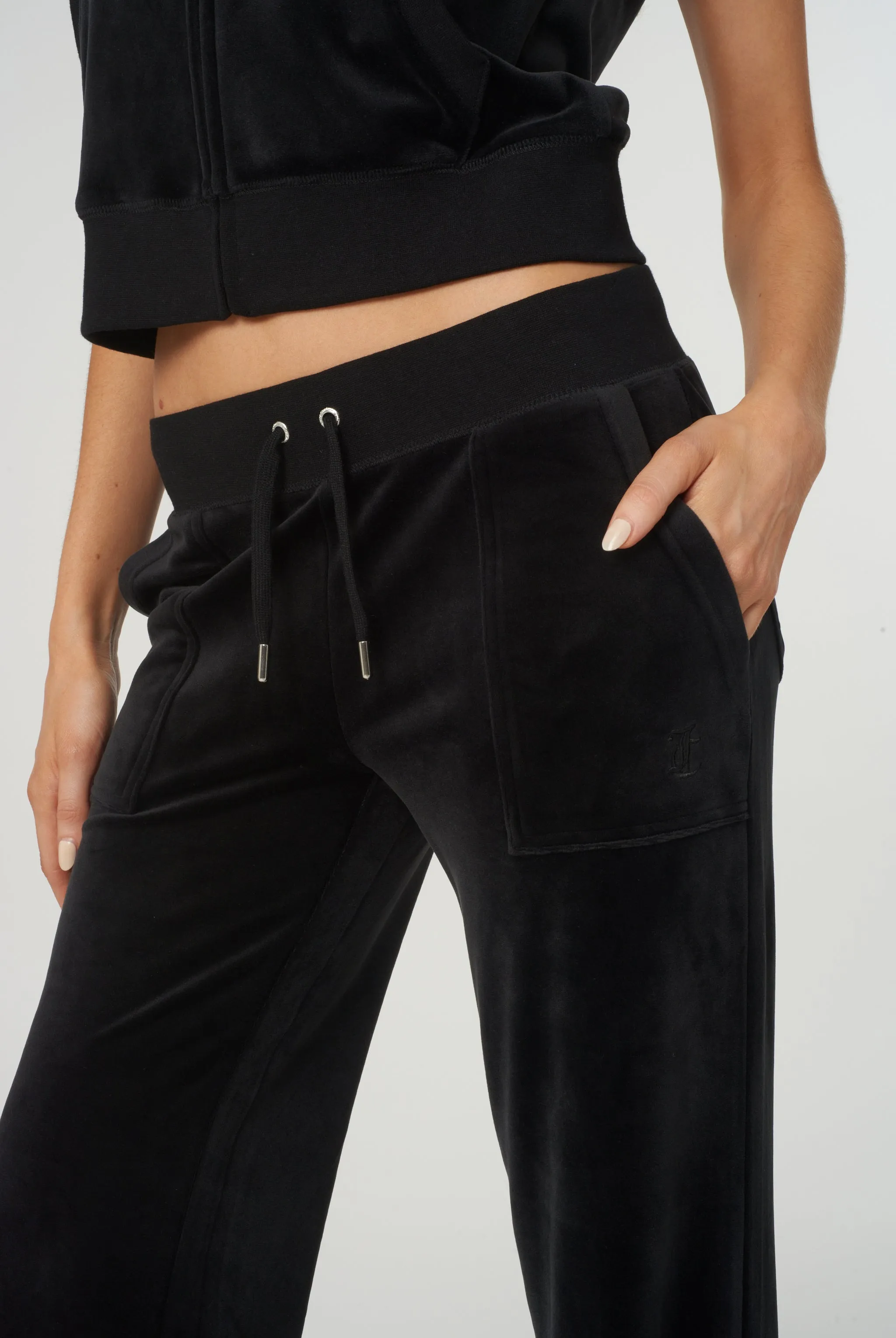 BLACK LOW RISE FLARE POCKET CLASSIC VELOUR TRACK PANT