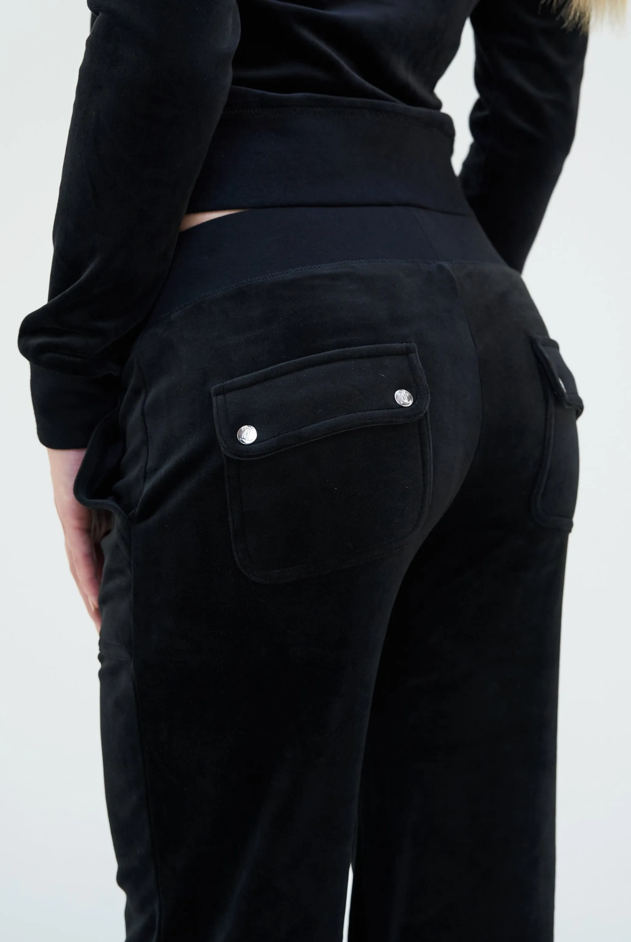 BLACK LOW RISE FLARE POCKET CLASSIC VELOUR TRACK PANT