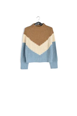 Blue, camel and white v-panel knitted sweater