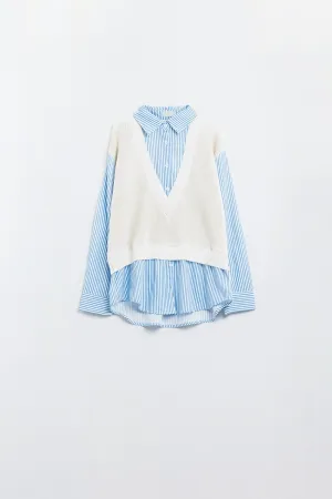 blue striped shirt and sweater in one piece