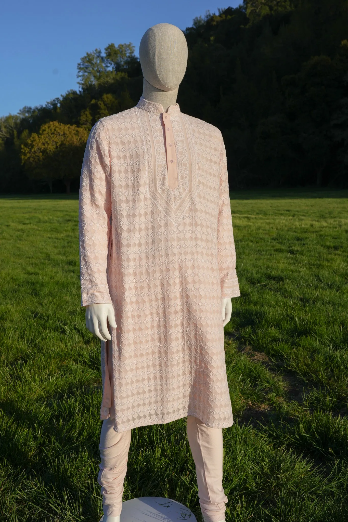 Blush Pink Chikankari Georgette Mens Kurta