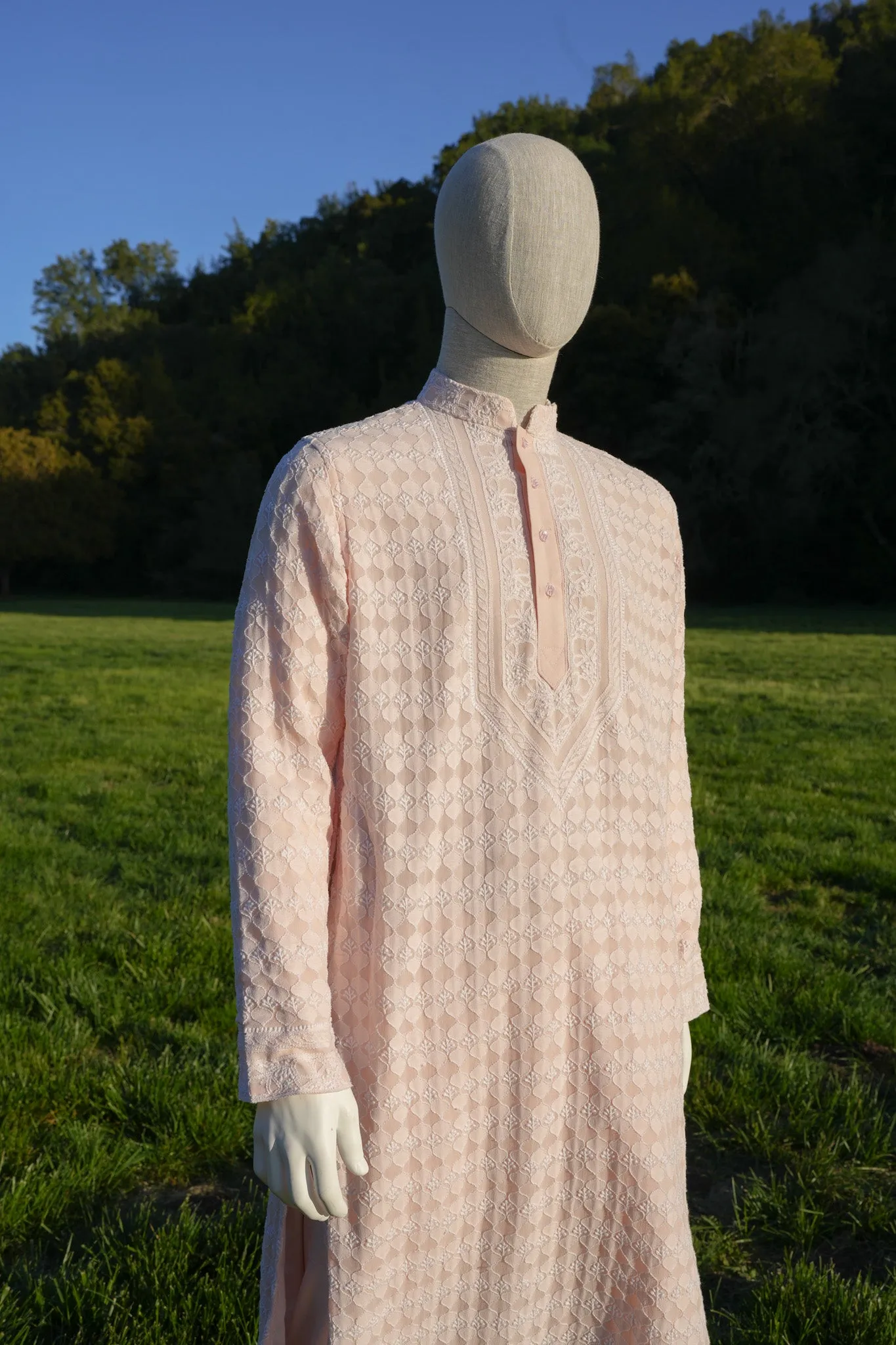Blush Pink Chikankari Georgette Mens Kurta