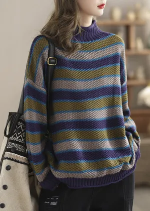 Boutique Blue Half Hign Neck Striped Cotton Knit Sweater Spring
