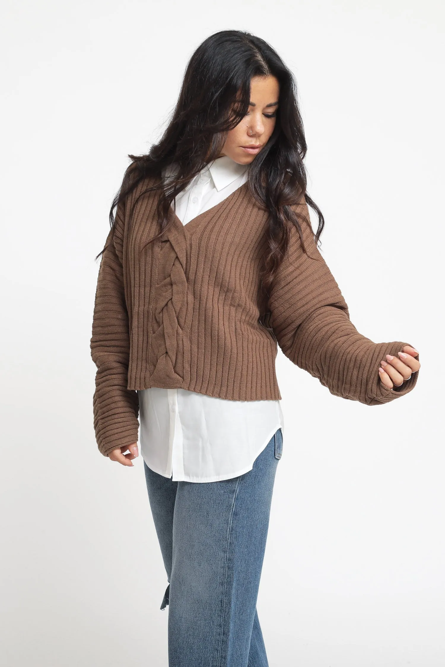 Braided Knitted Sweater - Coffee