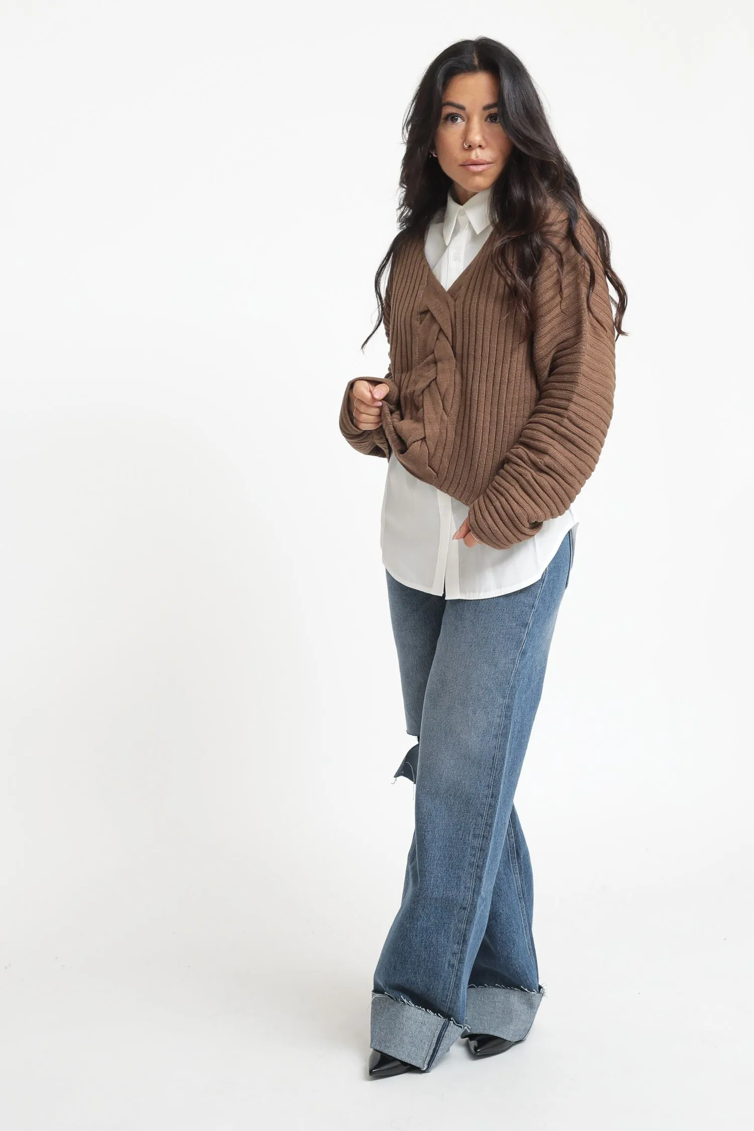 Braided Knitted Sweater - Coffee