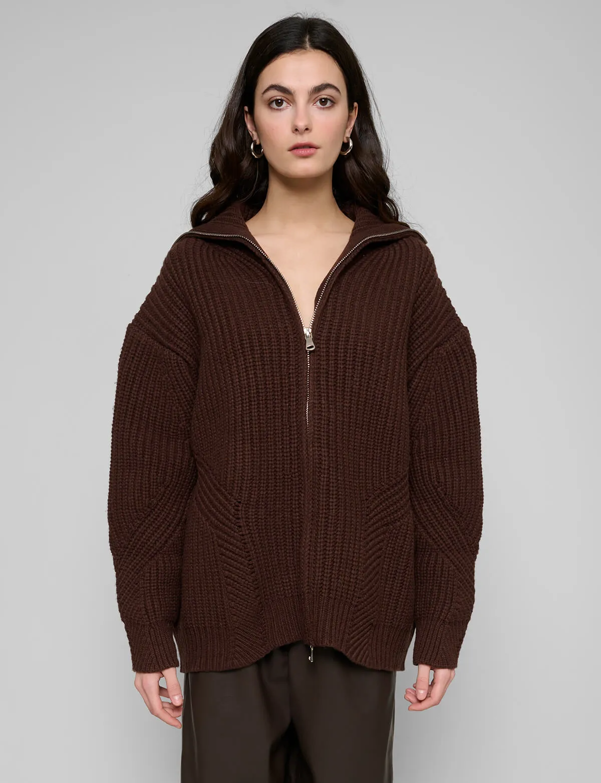Brown Zip Funnel Neck Sweater