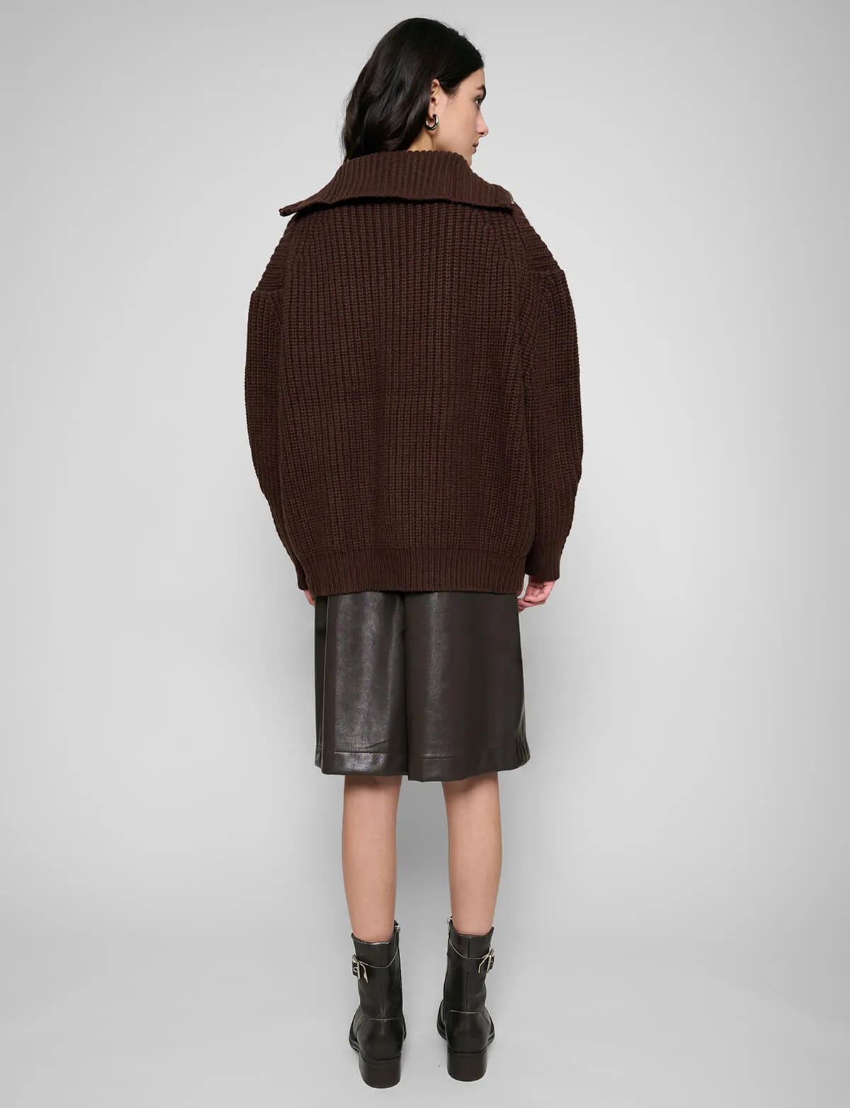 Brown Zip Funnel Neck Sweater