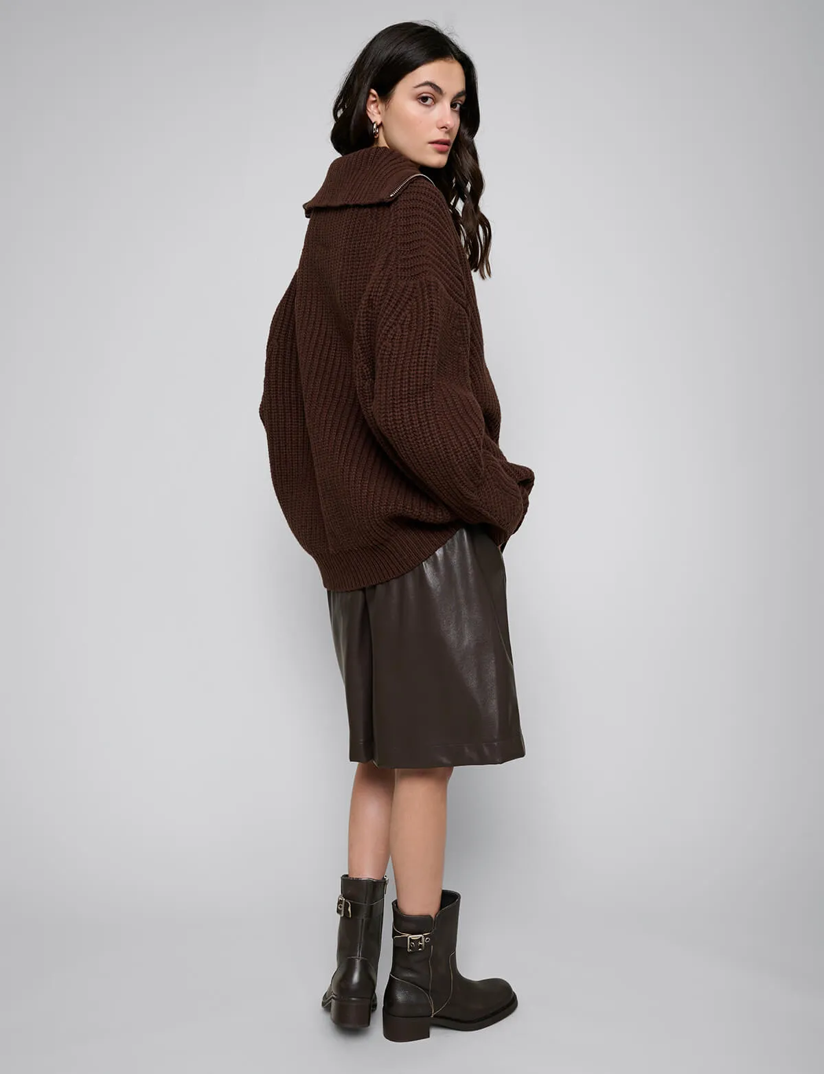 Brown Zip Funnel Neck Sweater