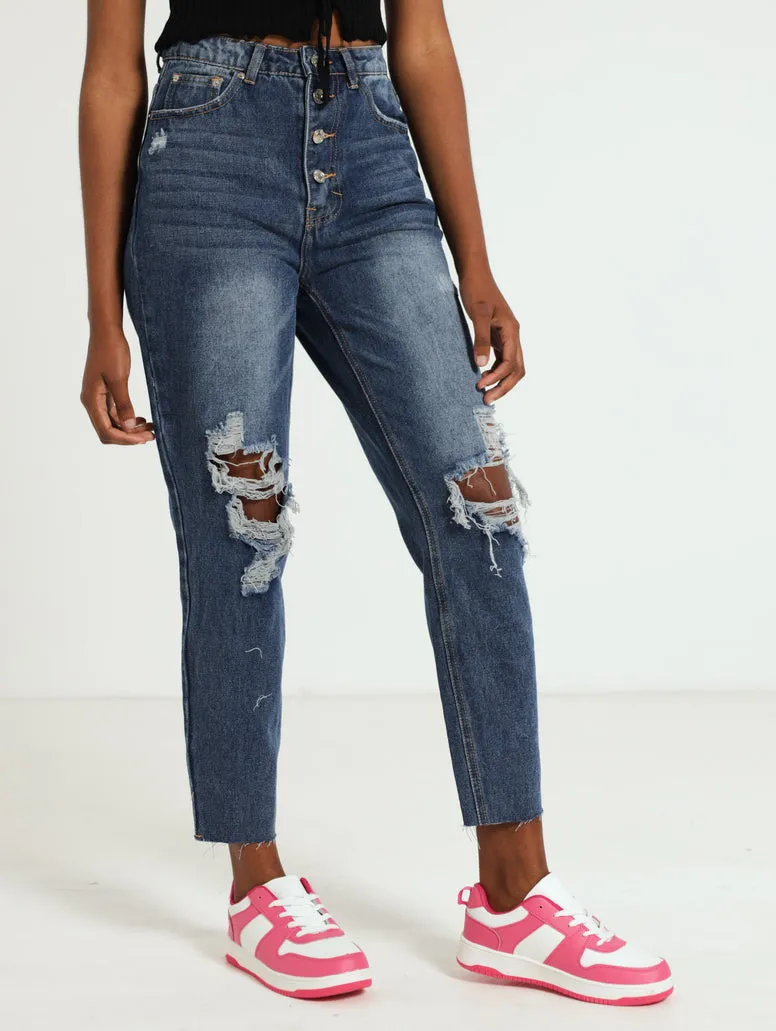 Button Fly Abraised Mom Jean - Dark Wash Ink