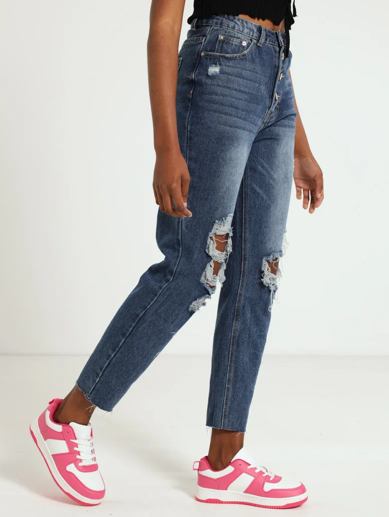 Button Fly Abraised Mom Jean - Dark Wash Ink