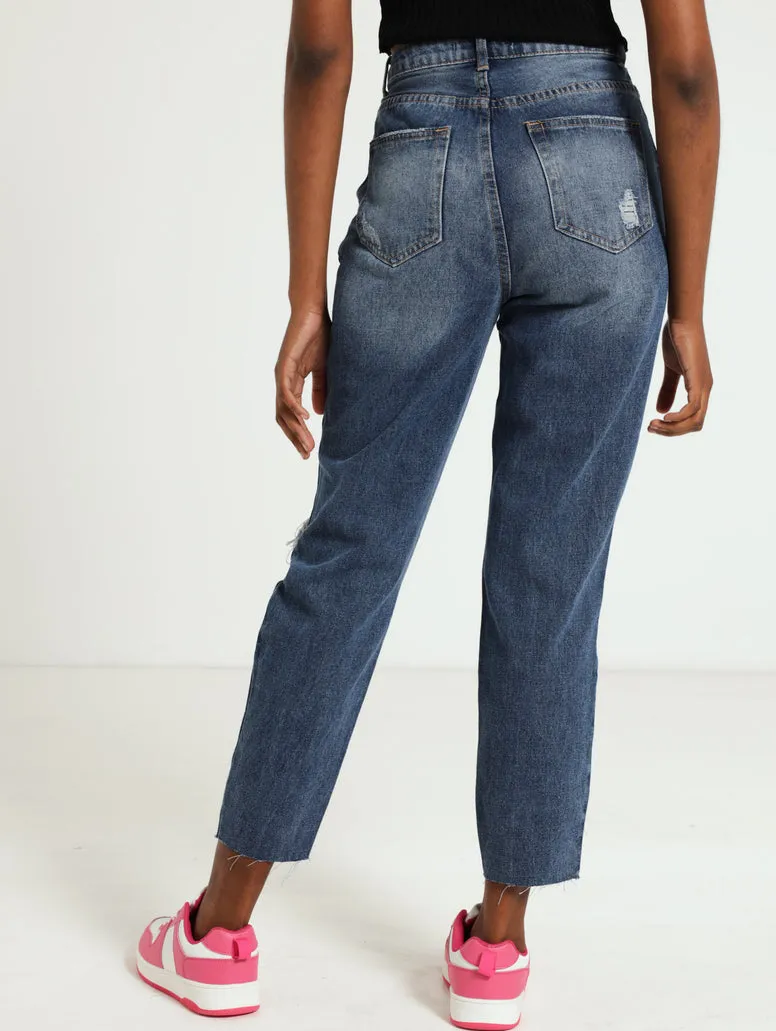 Button Fly Abraised Mom Jean - Dark Wash Ink
