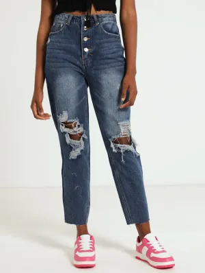 Button Fly Abraised Mom Jean - Dark Wash Ink
