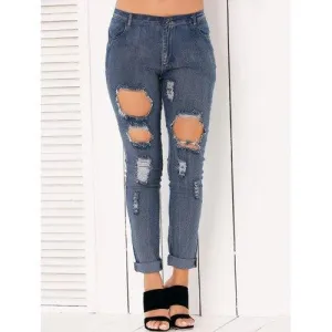 Button Fly Ripped Pencil Jeans - Denim Blue S