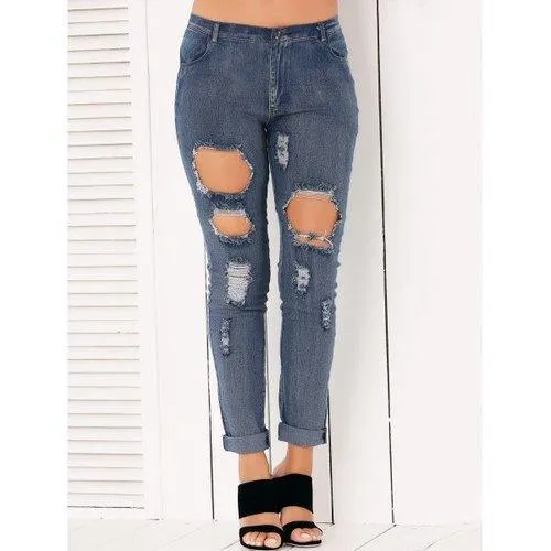 Button Fly Ripped Pencil Jeans - Denim Blue S