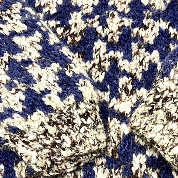 Chunky Hand Knit Herringbone Patterned Sweater, 100% Wool, Blue Brown Cream, XL
