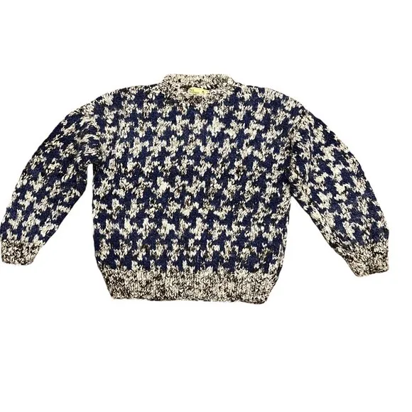 Chunky Hand Knit Herringbone Patterned Sweater, 100% Wool, Blue Brown Cream, XL