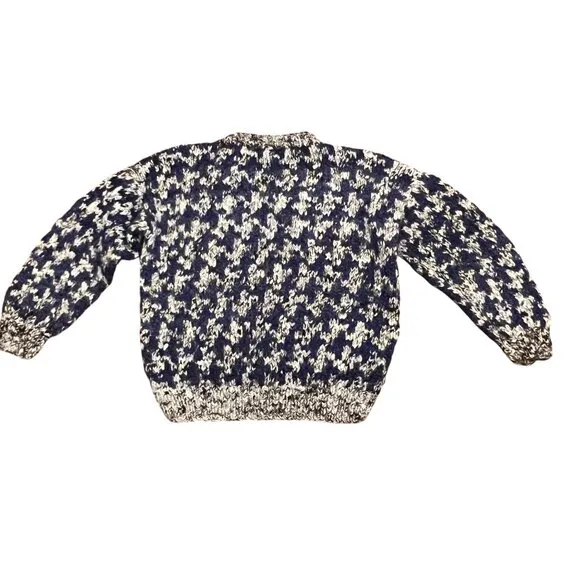 Chunky Hand Knit Herringbone Patterned Sweater, 100% Wool, Blue Brown Cream, XL