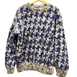 Chunky Hand Knit Herringbone Patterned Sweater, 100% Wool, Blue Brown Cream, XL