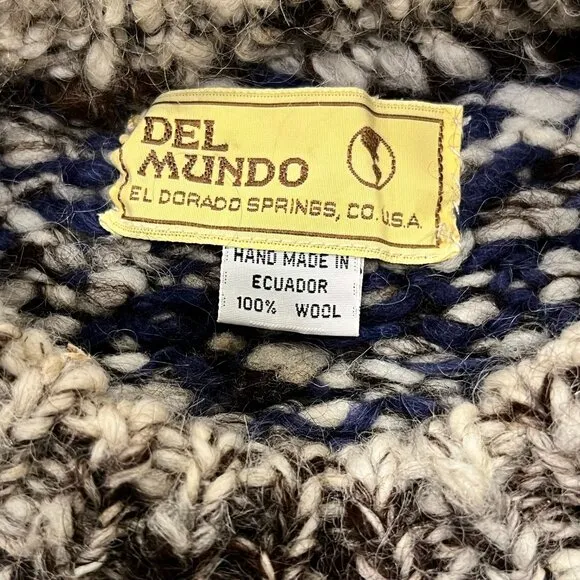 Chunky Hand Knit Herringbone Patterned Sweater, 100% Wool, Blue Brown Cream, XL