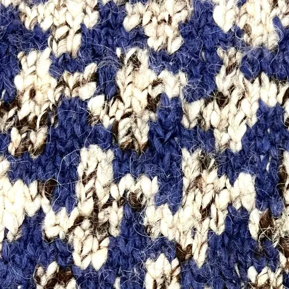 Chunky Hand Knit Herringbone Patterned Sweater, 100% Wool, Blue Brown Cream, XL