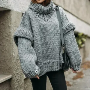 Chunky Knitted Women's Turtleneck Sweater with Stylish Sleeves