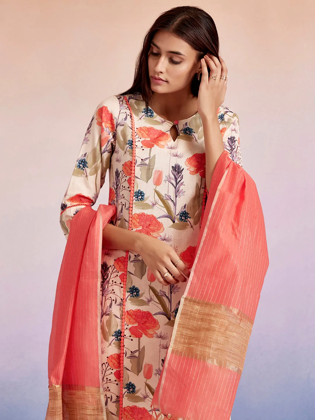 Coral Floral Cotton Straight Kurta Set With Dupatta