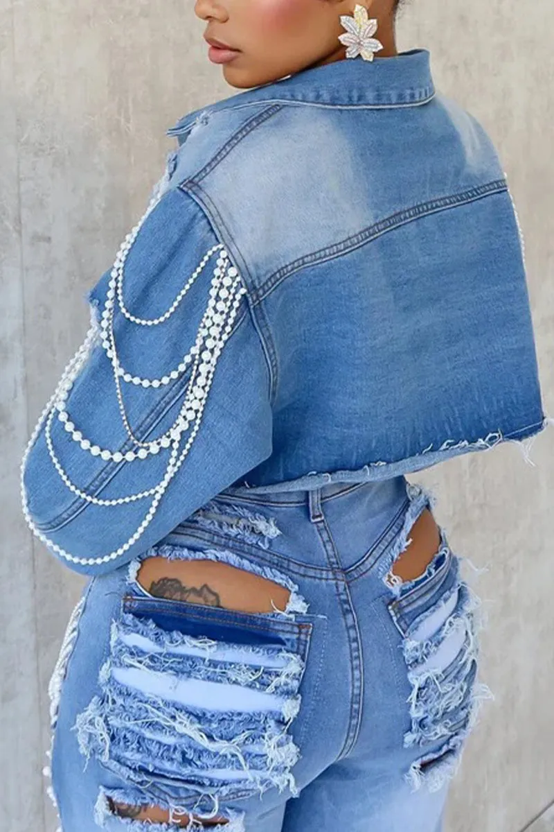 CR3066 Pearl Tassels Denim Jacket Outerwear