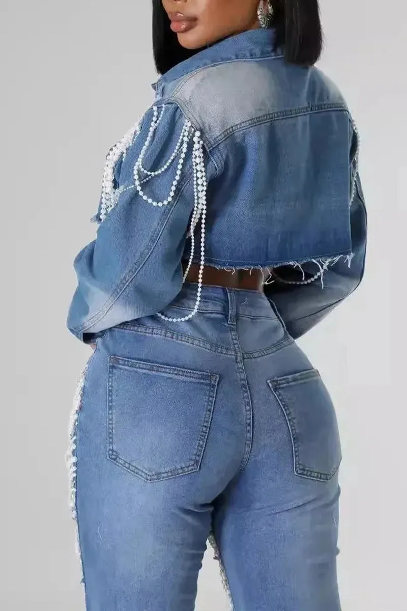 CR3066 Pearl Tassels Denim Jacket Outerwear