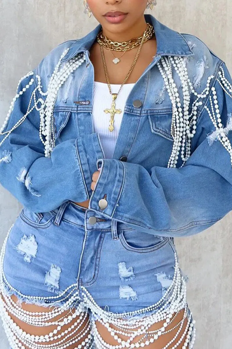CR3066 Pearl Tassels Denim Jacket Outerwear