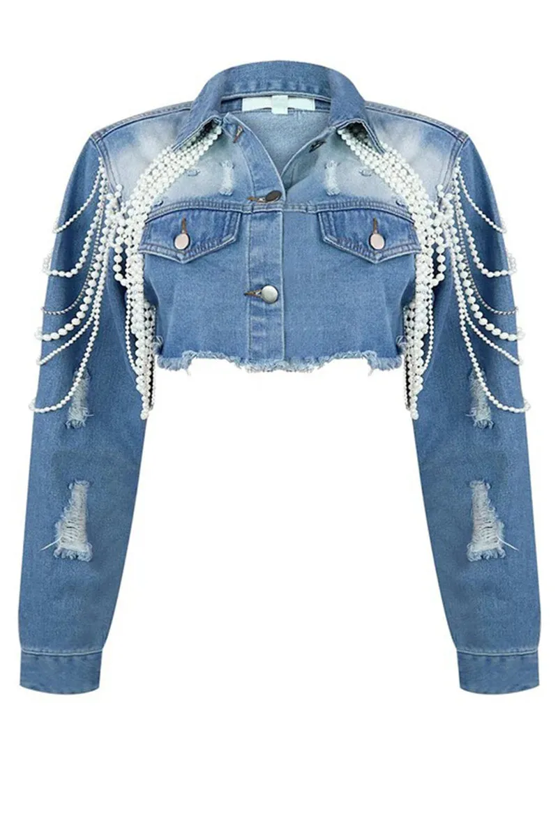 CR3066 Pearl Tassels Denim Jacket Outerwear