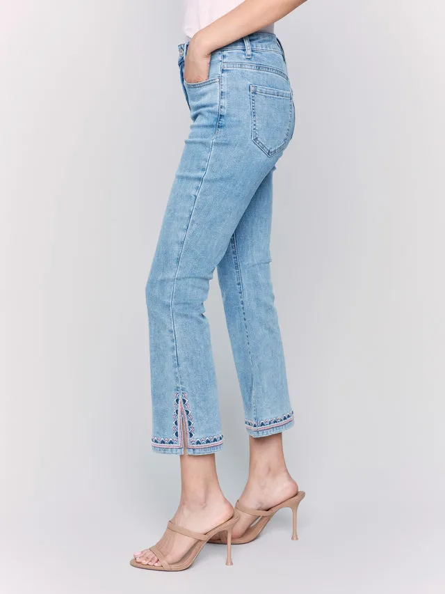 Cropped Bootcut Jeans with Embroidered Side Slit - Light Blue - C5605-431A