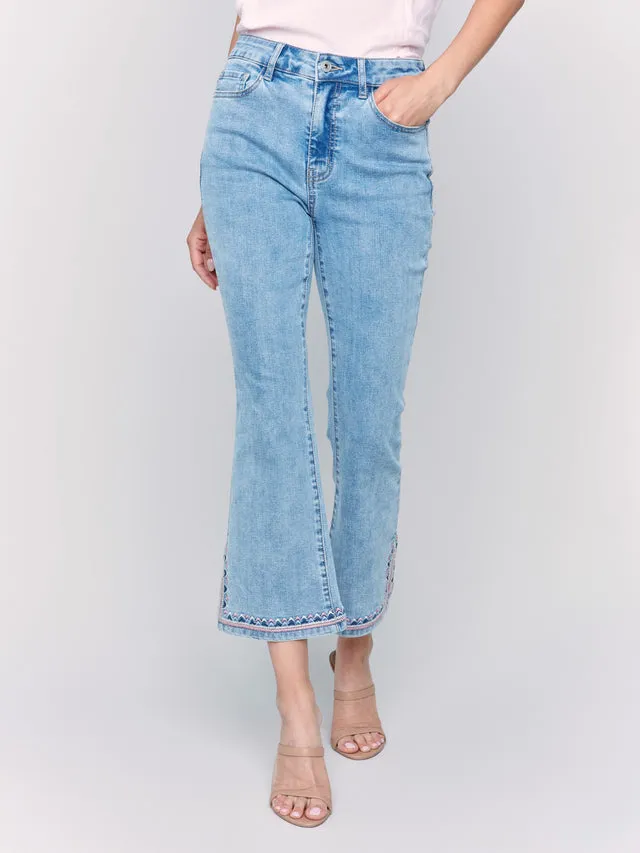 Cropped Bootcut Jeans with Embroidered Side Slit - Light Blue - C5605-431A