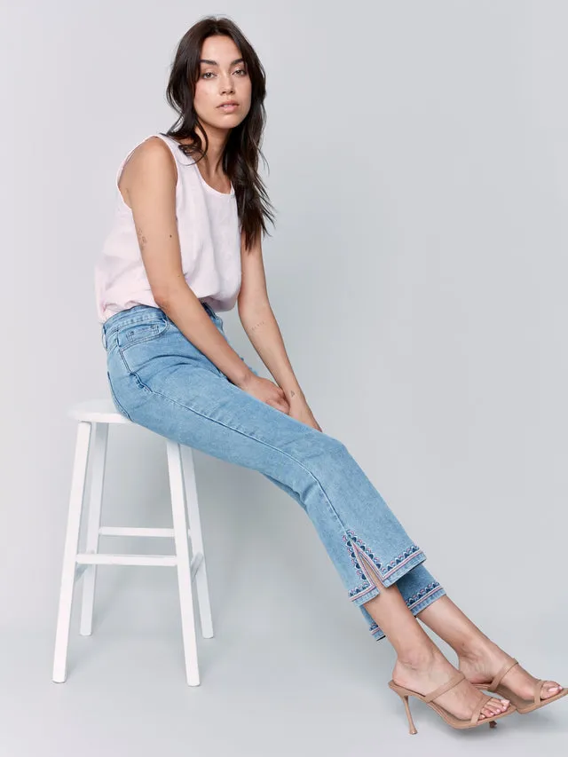 Cropped Bootcut Jeans with Embroidered Side Slit - Light Blue - C5605-431A