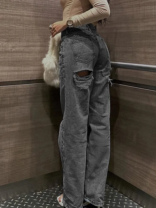 Einfarbige Y2k Rückseitig Zerstörte Baggy Ripped Jeans
